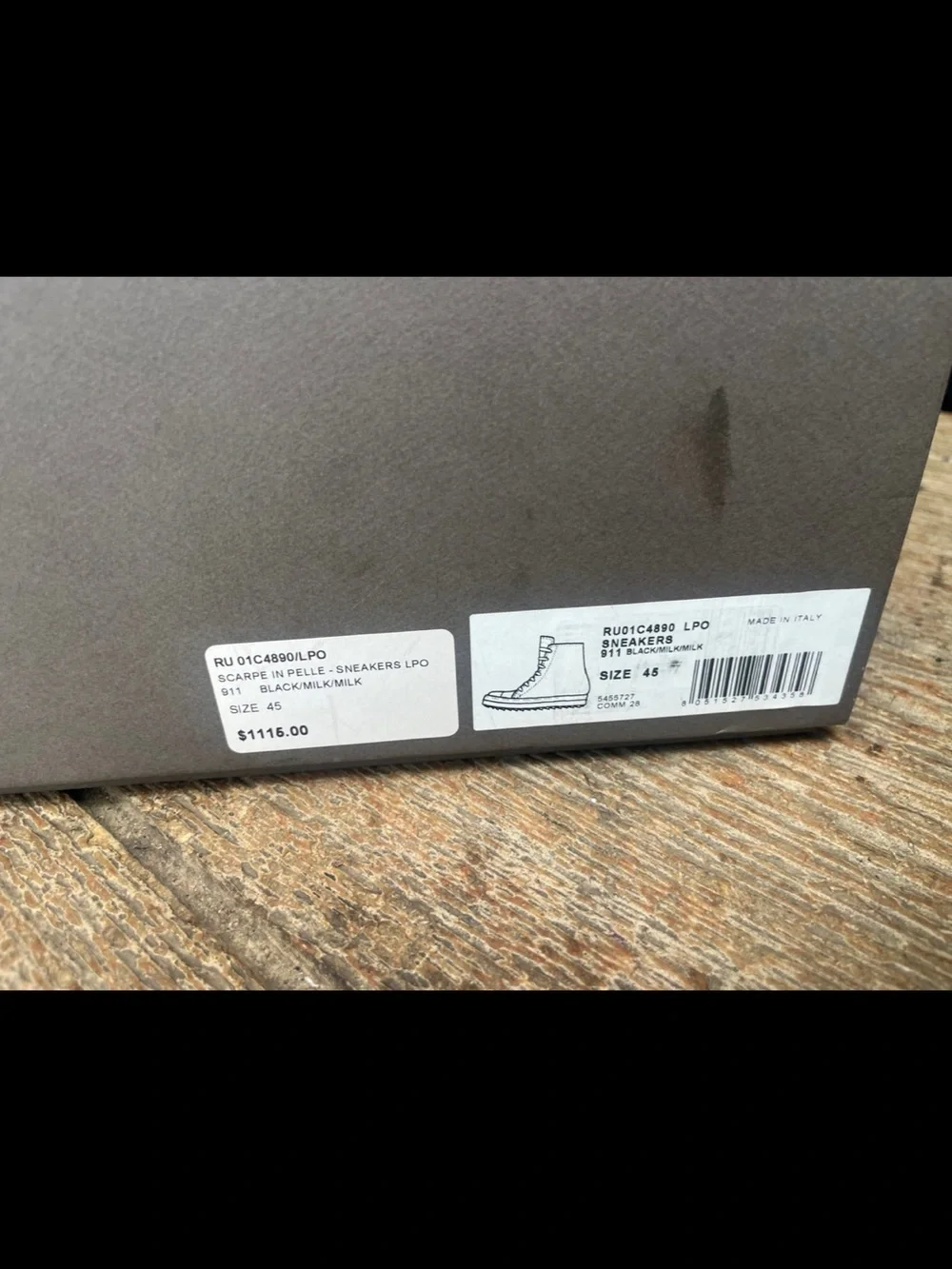 Rick Owens Black Leather High-Top Boat Sneakers with White Toe Caps